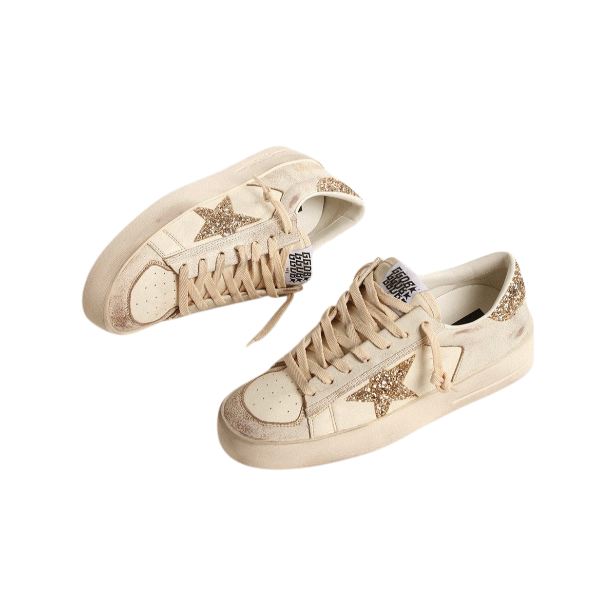 Golden Goose Stardan in ecru nappa leather with gold glitter star and heel tab(Women's)