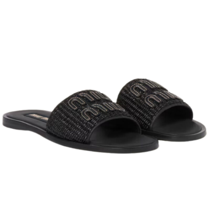MIU MIU Raffia-effect woven fabric slides black